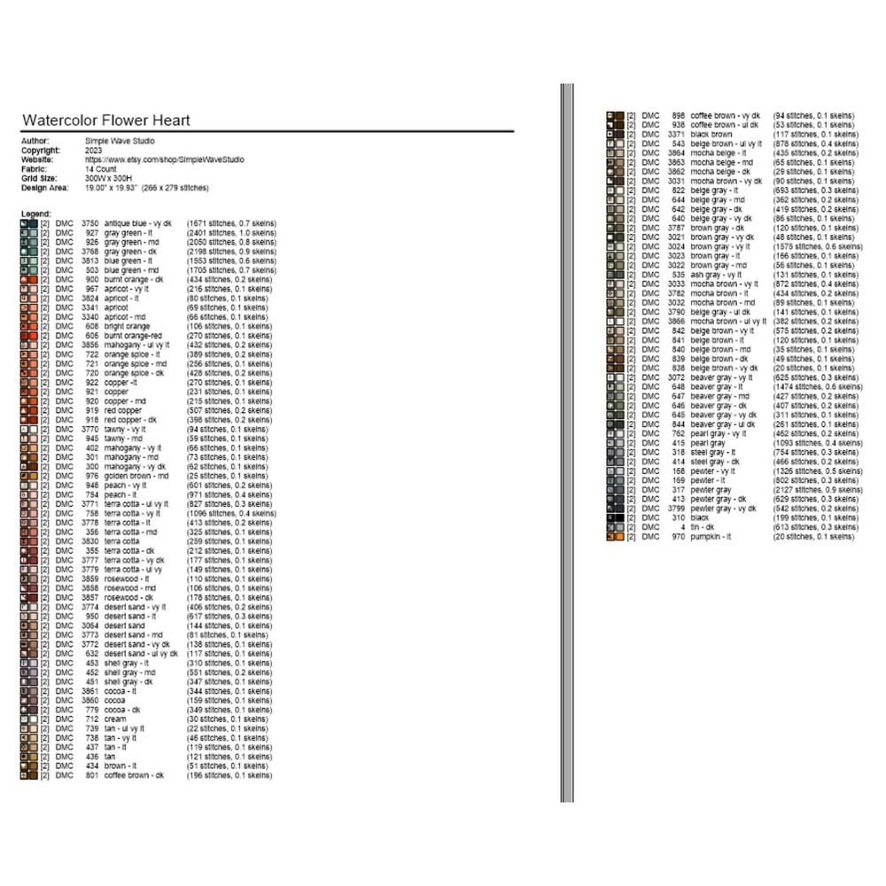 Heart and Wildflower Flowers Counted Cross Stitch‎ Pattern Chart - Picture 6 of 6